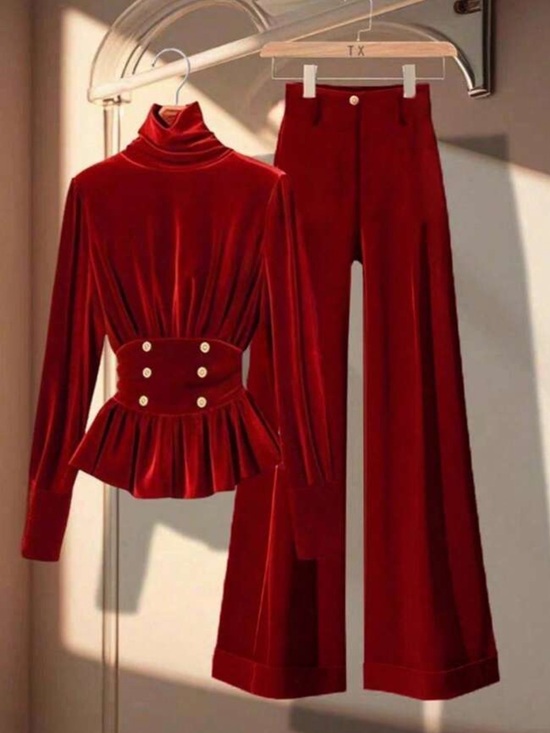 Pants - Women's Soft Velvet High Neck Top And Straight Leg Pants Set,Dark Red